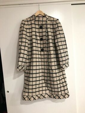 Vintage The Coat by Trigere Window Pane Black & Cream Women’s Med
